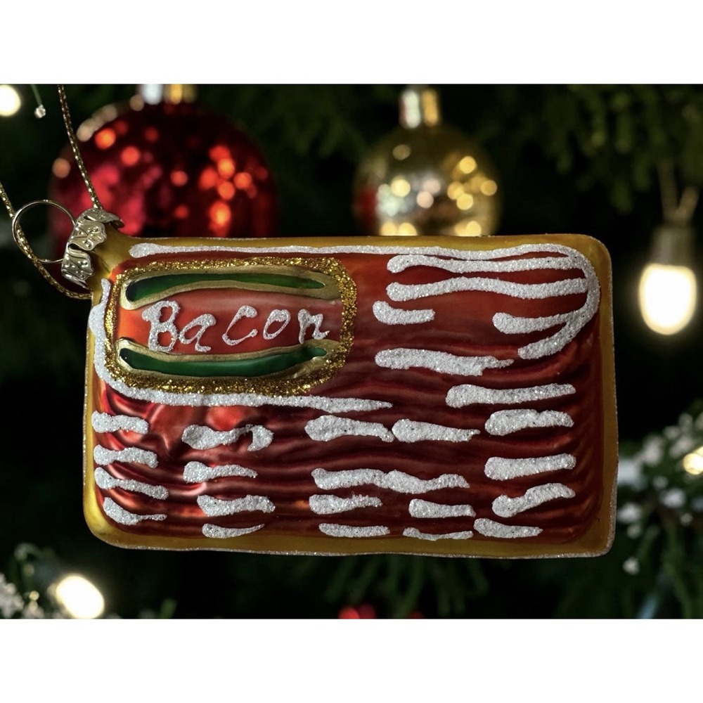 Bacon Package Blown Glass Christmas Ornament Kitchen Food Chef Novelty Glitter
